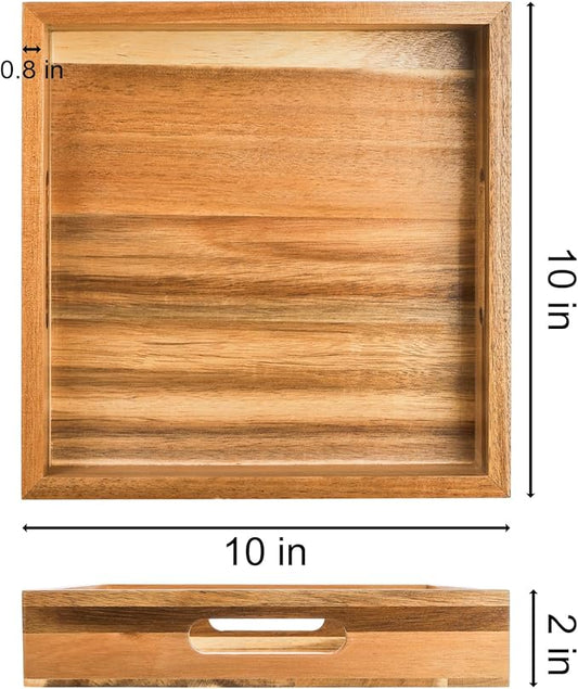 YOUEON Set of 2 Acacia Wood Serving Tray with Handles, 10x10x2 Inch Decorative Serving Trays for Food, Ottoman Tray, Square Coffee Table Trays for Dinner, Coffee, Wine, Appetizer