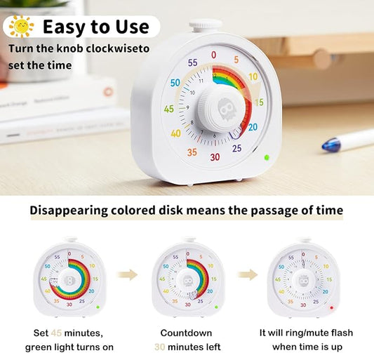 Visual Timer for Kids – 60min/12h Rainbow Magnetic Timer for Classroom, Rechargeable Silent Countdown Timer with Pomodoro Mode, ADHD Time Management Tool