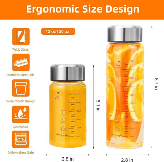 Glass Juice Bottles 6 Pack 20 oz - Wide Mouth Glass Water Bottles with Lids - for Juicing, Smoothies, Milk, Protein, BPA Free, Reusable, Stainless Steel Lids, Leak Proof, Shaker bottle (20oz/600ml)