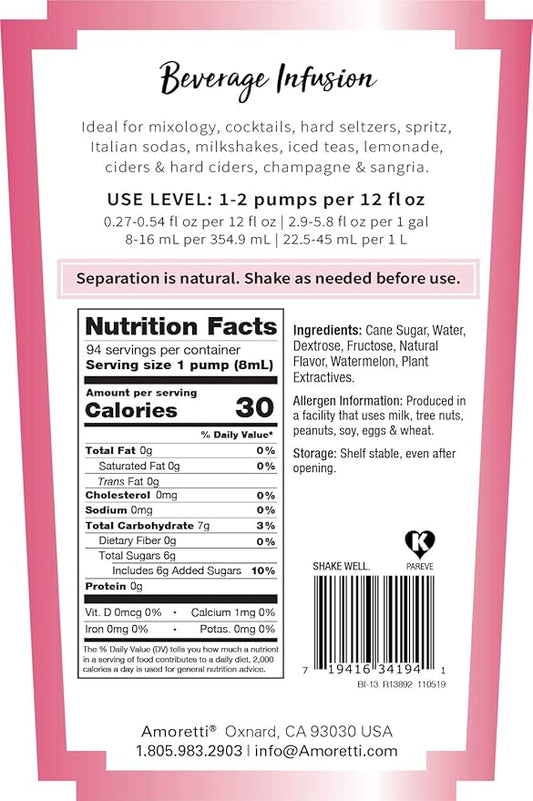 Amoretti - Watermelon Beverage Infusion, 94 Servings Per Bottle (750 ml) - Drink Mix & Water Enhancer with Pump for Flavoring Cocktails, Waters, Teas, and other Beverages, Preservative Free