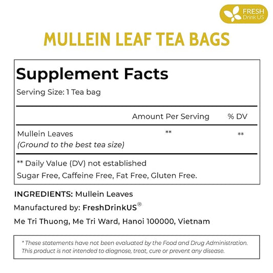 FreshDrinkUS, Premium 80 Mullein Leaf Tea Bags – 100% Natural, Pure, & Caffeine-Free Herbal Tea for Lung – Loose Leaf, No Sugar, Vegan, Gluten-Free, Made with Natural Material Tea Bags