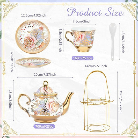 Zhehao 20 Pcs Porcelain Tea Set with Metal Holder and Spoon Adult Ceramic Tea Party Set European Flower Painting Teapot Cup Saucer Spoon Set for Women, Large Version(Rustic Style)
