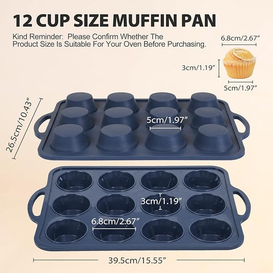 2 pack Silicone Muffin Pan with Metal Frame, Non Stick Silicone Cupcake Pan with Handles Regular 12 Cup, BPA Free Silicon Muffin Tin Tray for baking, egg bites, Cupcake Mold Grey