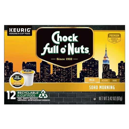 Chock Full o'Nuts Soho Morning Coffee, Mild Roast, Compatible with K-Cup Pods, 12 CT (Pack of 3)