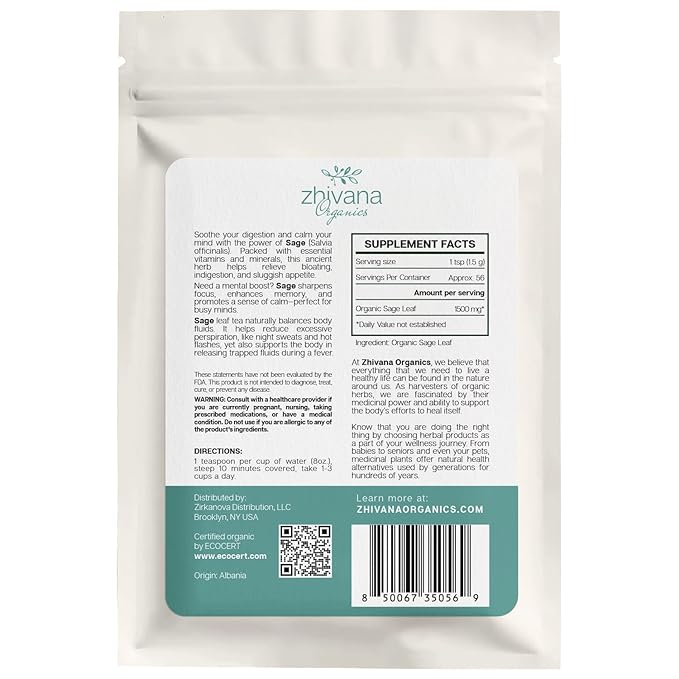 Organic Sage Leaf (4 oz.) (Salvia officinalis) β Loose Dried Leaves β Edible Grade for Tea, Seasoning & Herbal Uses