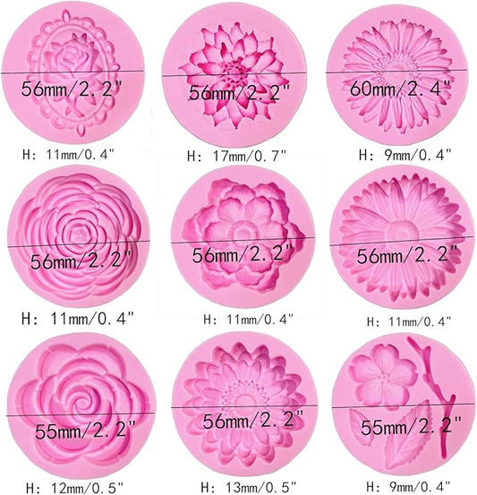 9 Pcs Flowers Fondant Molds Silicone Molds for Cupcake Dessert Chocolate Jelly Cookie Decor, Jewelry, Pastry, Chocolate,Handmade Soap Mould Candy Making