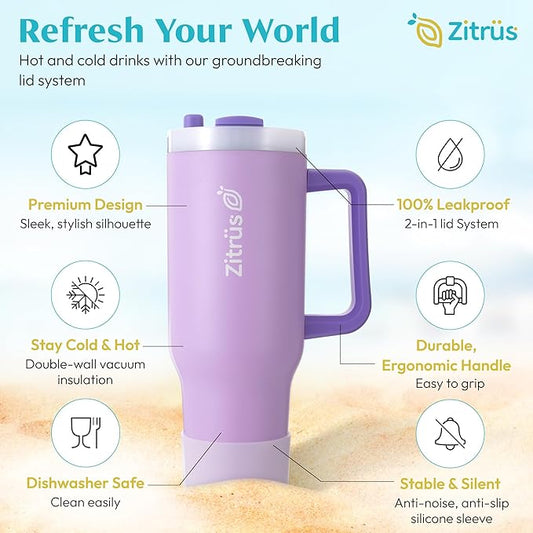 40 oz Tumbler with Handle and Straw | Leak Proof Insulated Stainless Steel Water Bottle Travel Mug Fits in Cup Holder | Keeps Cold Hot | Gifts for Women Men Him Her (Violet, 40 oz)