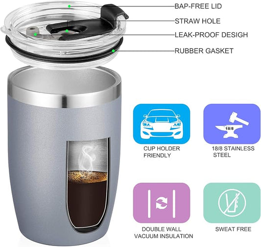 VEGOND Stainless Steel 12 oz Tumblers bulk Vacuum Insulated Double Wall Travel Tumbler with Lid and Straw Reusable Tumbler, Grey 1 Pack