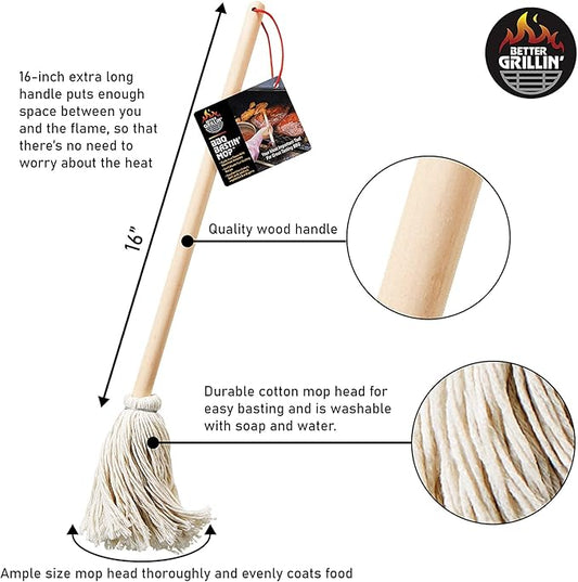 Better Grillin BBQ Bastin Mop Basting Barbecue Brush/Mop Easily Applies Marinades, Sauces, Washes Out, 16in Handle, 1pk