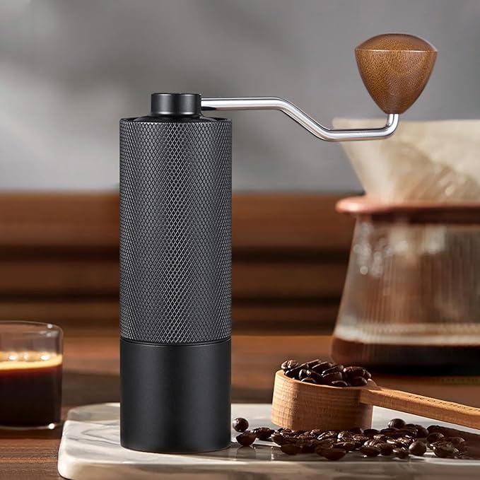 Generic Manual coffee grinder Capacity 25 grams, stainless steel tapered burrs - wooden handle - adjustable internal settings, dual bearing positioning, MCG2401, Black