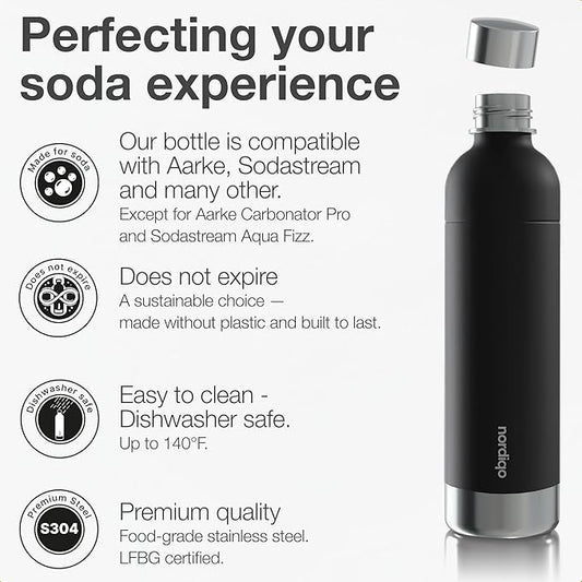 Stainless Steel Carbonating Bottle 33 oz | Compatible with Aarke Carbonator 3, Sodastream (Excl. model Aqua Fizz + Jet) and many others| Dishwasher Safe, No Expiration Date, BPA-Free