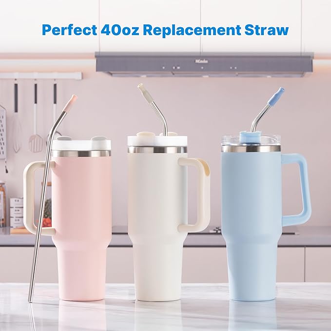 Repeatable Metal Straw with Silicone Tips for 40 oz Stanley Tumbler, 2 Pcs 40 oz Stainless Steel Straws Replacement for Stanley Tumbler, 1 Straw Brush, BPA Free(Black)