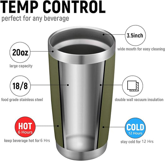 COMOOO 20oz Double Wall Vacuum Insulated Travel Mug, Stainless Steel Tumbler with Lid and Straw Durable Powder Coated Insulated Coffee Cup for Cold & Hot Drinks (Army Green, 2 Pack