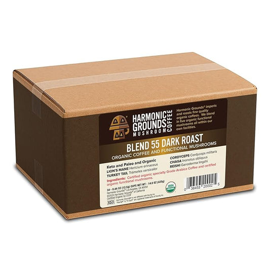 Harmonic Grounds Organic Mushroom Coffee Pods - Dark Roast Coffee with Lion's Mane, Reishi, Chaga, Cordyceps & Turkey Tail - Compatible with Keurig K-Cup Brewers - 34 Count
