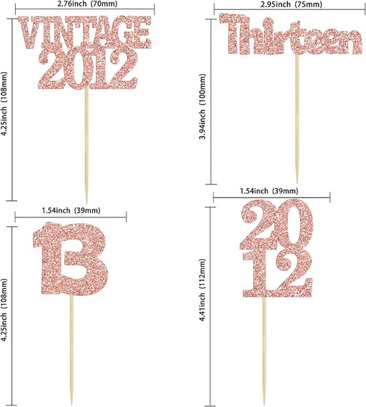 Gyufise 24Pcs 13th Birthday Cupcake Toppers Glitter Thirteen Vintage 2012 Hello 13 Years Birthday Cupcake Picks Official Teenager 13 Cake Decor for Happy 13th Anniversary Party Rose Gold