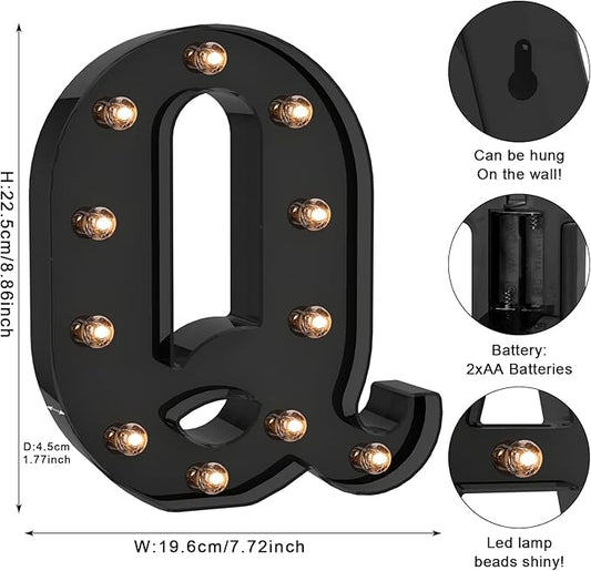 Foaky Black LED Letter Lights for Room Decor - Bedroom Wall Decor, Alphabet Lights for Home, Wedding, Party - Battery Operated (Q)