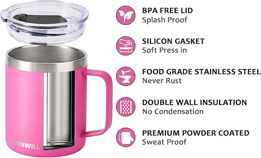 SUNWILL Travel Coffee Mugs Set of 4, Insulated Tumbler with Lid, 14oz Stainless Steel Cup with Handle Bulk for Gift, Camping, Office, Powder Coated Charcoal, Royal Blue, Magenta, Yellow