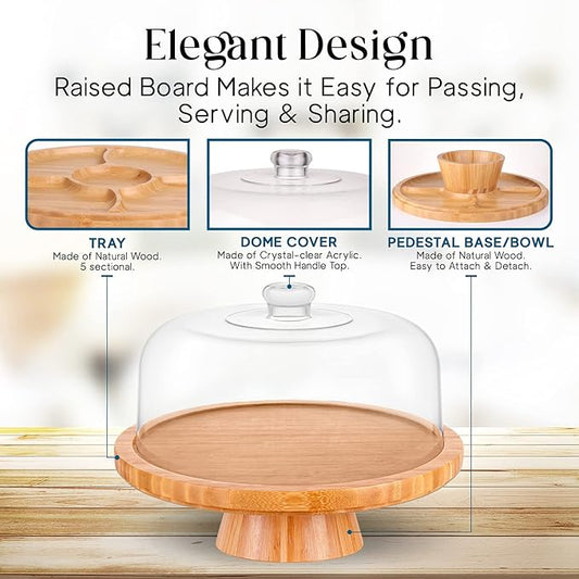 Homeries Bamboo Cake Stand with Lid, Cake Plate, (6 in 1) Multi-Functional Serving Platter, Large Cake Stand with Dome, Cake Display Stand with lid & Cake Dome - Use as Cake Holder, Cake Cover