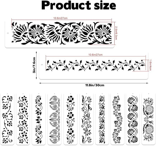 12 Pcs Large Flower Border Stencils for Painting, Reusable Plastic Floral Edge Baking Decorating Vine Stencil Tool, Painting Templates for DIY Cake Wood Wall Tile Furniture Canvas Craft, 3" x 11.8"