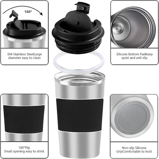 YINBAOGE Insulated Travel Coffee Mug Spill Proof Leak Proof Pobtable To Go Camping Stainless Steel Coffee Tumbler Reusable Coffee Cups with Lids Thermos for Hot and Cold Drink (Silver black, 12 OZ)
