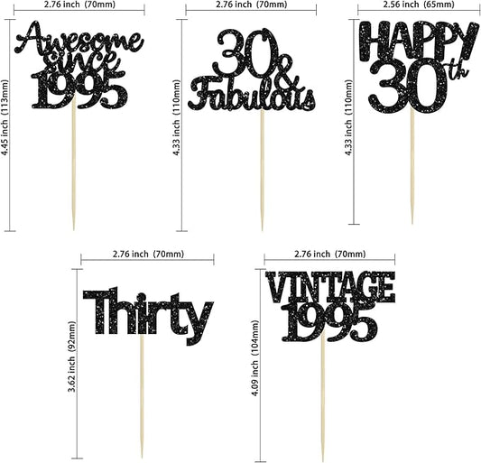 Gyufise 30Pcs Black Glitter Vintage 1995 Cupcake Toppers Awesome Since 1995 Cake Decorations Cheers to 30 Fabulous Thirty Cupcake Picks 30th Birthday Wedding Anniversary Party Cake Decorations