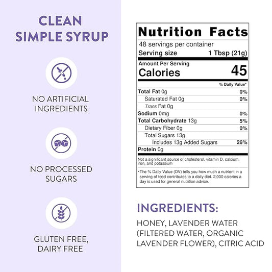 Lavender Honey Simple Syrup for Coffee, Cocktails, Tea, Matcha - Clean Simple Syrup with Real Lavender & Honey - 36 oz