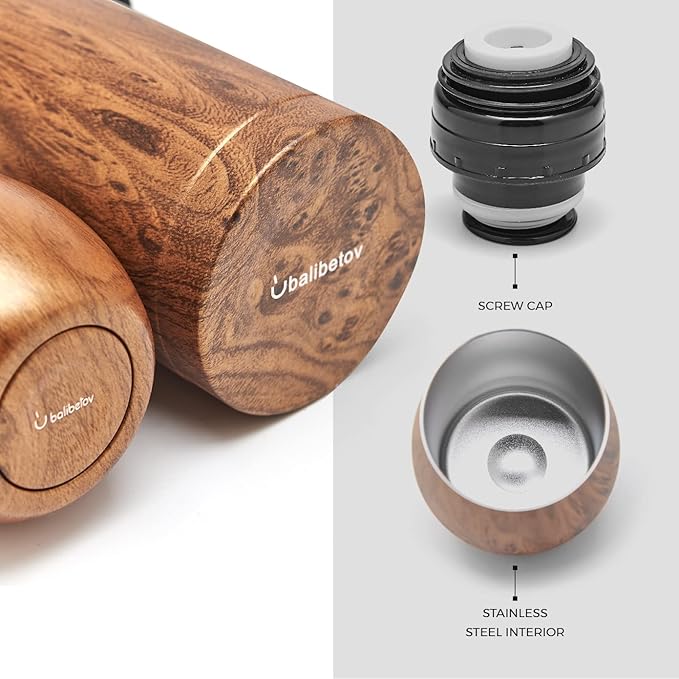 BALIBETOV Complete Yerba Mate Set - Modern Mate Gourd, Thermal Flask, Bombilla and Cleaning Brush Included - All Premium Quality 304 18/8 Stainless Steel (Wood)