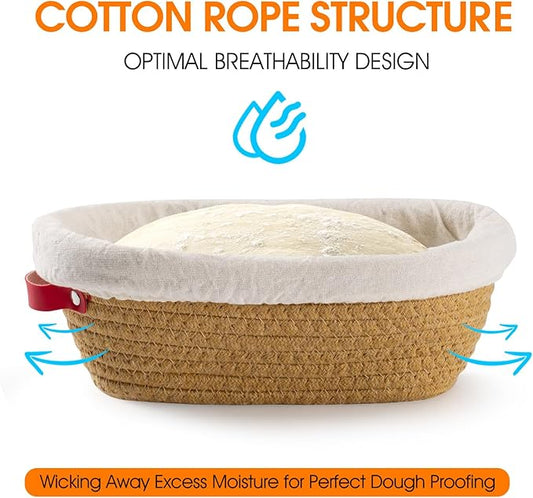 Sourdough Starter Kit, Handmade Cotton Rope oval and round banneton bread baskets with liners and covers, 35oz sourdough starter jar, essential bread baking tools