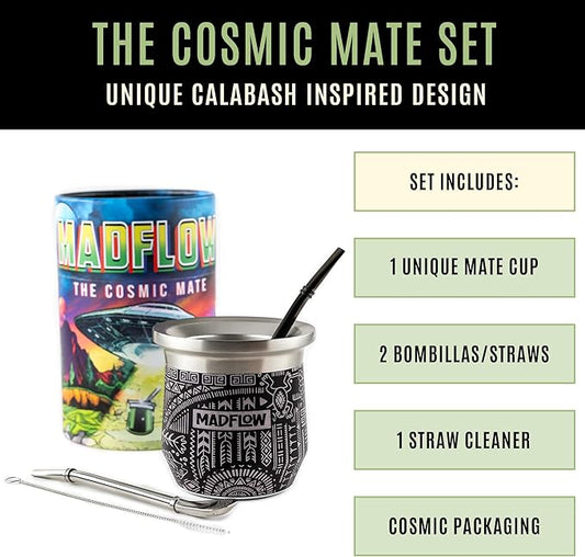 MADFLOW Yerba Mate Cup. Stainless Steel Mate Cup with 2 Bombillas. Double Wall Vacuum Insulated Yerba Mate Gourd. Unique Mate Cup And Bombilla Set