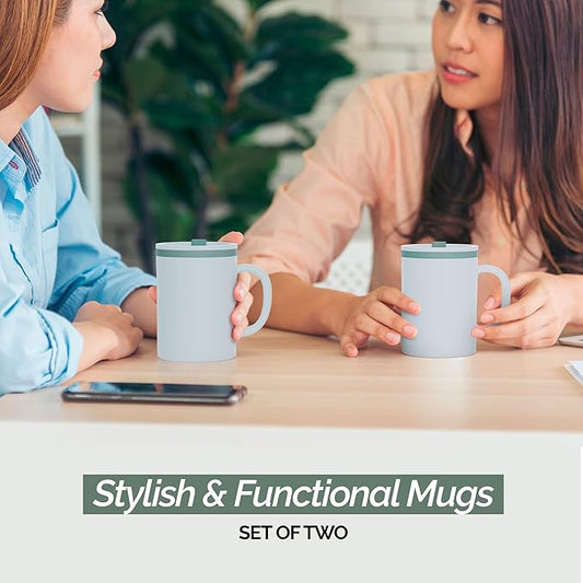 Copco Iconic 16oz Double Wall Insulated Desk Mug with Lid & Handle, Set of 2, BPA-Free Reusable Plastic, Spill-Proof, Microwave & Dishwasher Safe, Wide Mouth, Cup Holder Friendly (Grey)