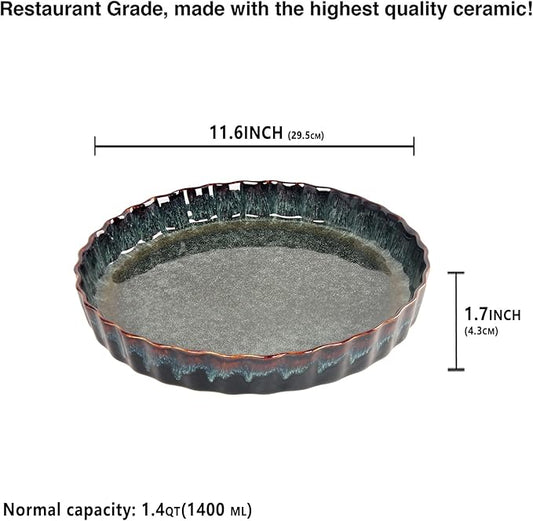 Ceramic Pie Pan Quiche Baking Dish, 11 Inch Round Ruffled Edge Au Gratin Baking Dishes, 1.4 Quart Non-Stick Pie Dish, Tart Pan, Pie Plate for Apple, Oven, Dishwasher and Microwave Safe