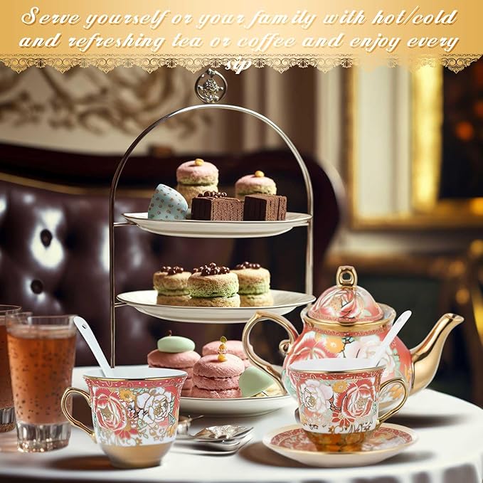 Zhehao 20 Pcs Porcelain Tea Set with Metal Holder and Spoon Adult Ceramic Tea Party Set European Flower Painting Teapot Cup Saucer Spoon Set for Women, Large Version(Noble Style)