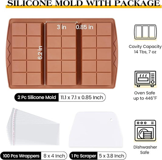 2 Pcs Chocolate Bar Molds Deep Large Chocolate Molds Silicone Break Apart Thick Silicone Molds for Candy Bar, With 100 Pcs Bags and 1 Pc Scraper Set (10 Snap)