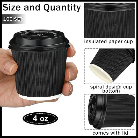 Uiifan 100 Set 4oz Disposable Espresso Cups with Lids Ripple Corrugated Paper Disposable Coffee Insulated Hot Ripple Cups for hot Chocolate, Tea, and Cocoa Drinks(Black)