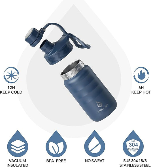 IDEUS Insulated Water Bottle 12oz, Stainless Steel Insulated Water Bottle For School, Insulated Bottles With Straws Leakproof, Vacuum Double Wall Water Bottles For Boys And Girls With 2 Lids, BPA Free