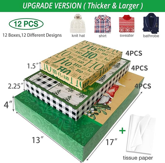 Party Funny 12 Christmas Gift Wrap Boxes for Wrapping Extra Large Clothes, 12 tissue paper and 80 Christmas Stickers(Assorted size for Shirts, Robes, Coats, Sweaters and xmas Holiday Present)
