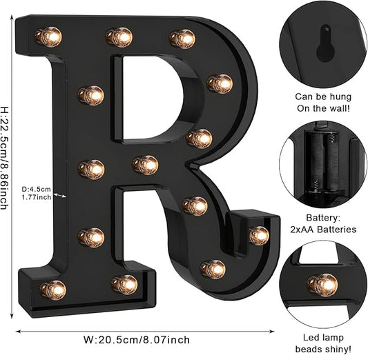 Foaky Black LED Letter Lights for Room Decor - Bedroom Wall Decor, Alphabet Lights for Home, Wedding, Party - Battery Operated (R)