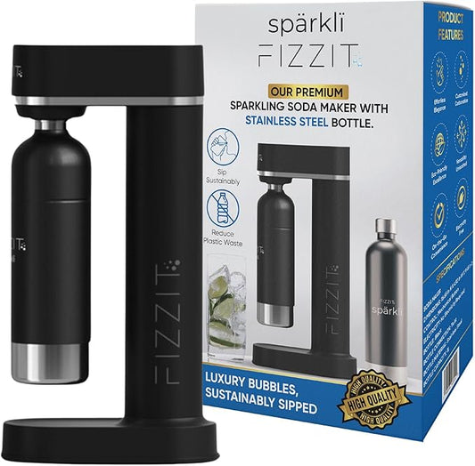 FIZZIT Spärklí Black Carbonated Water Soda Maker Bundle – Includes 1 Black Stainless Steel Bottle, 1 White Stainless Steel Bottle & 2 CO? Cylinders – Premium Sparkling Water Maker for Home & Kitchen