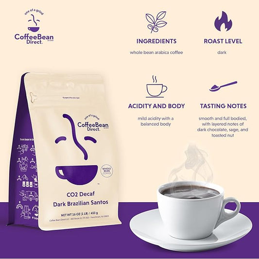 Coffee Bean Direct CO2 Decaf Dark Brazilian Santos, Whole Bean Coffee, Dark Roast, 1 Pound Bag (Pack of 1)