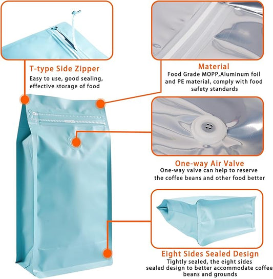 Coffee Bags with Valve (50 PCS,8oz/0.5lb) Blue High Barrier Aluminum Foil Flat Bottom Standing Coffee Beans Storage Packaging Bags, Reusable Heat Seal Side Zipper Pouches for Small Business and Home