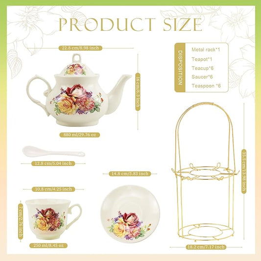 20-Pieces Porcelain Tea Sets For Women, Tea Set For Adult with Golden Metal Rack,Tea Gift Sets for Home&Party(013)