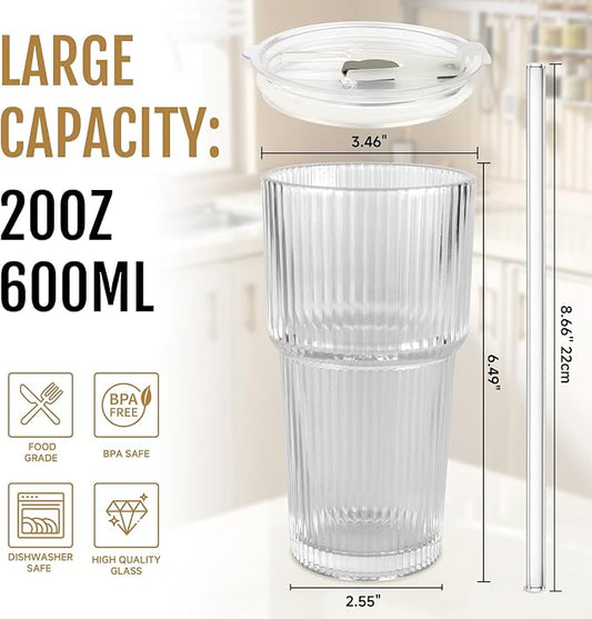 20oz Glass Cups with Lids and Straws, 4 Pack Vintage Ribbed Glass Tumblers for Iced Coffee, Smoothies, Thickened Wall Mason Jar Drinking Iced Coffee Cup