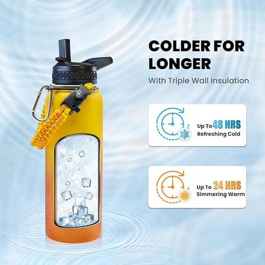Insulated Water Bottle 40 oz, Triple Wall Vacuum Stainless Steel (Cold for 48 Hrs), Leak Proof & Non-BPA, Modern Water Flask Jug with Paracord Handle & Straw Spout Lids, Ombre Orange