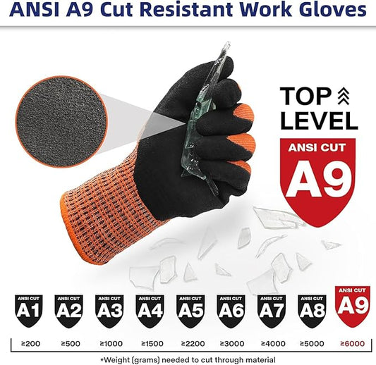 Schwer ProGuard Highest Level Cut Resistant Work Gloves PR3326 for Extreme Protection,ANSI A9 Cut Gloves with Reinforced Thumb, Non Slip, Breathable, Durable, Touch-screen, Non PFAS, Orange 1 Pair(L)