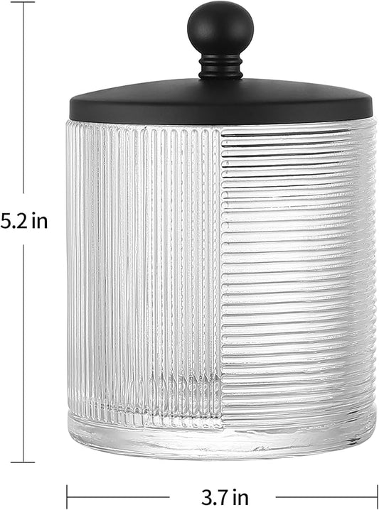 Glass Cotton Jar Holder Matte Black Lid, Elegant Bathroom Storage Canister for Qtips, Cotton Balls, Floss, Makeup Organizer, Vanity Bathroom Organization