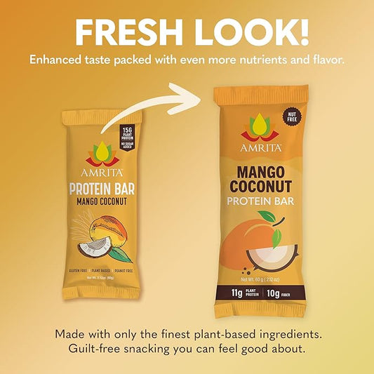 Amrita Nut Free Mango Coconut Vegan Protein Bars (12 Count) | 11g Plant-Based Protein Bar | Peanut Free, Gluten Free, and Dairy Free | Low Sugar, High Fiber, Healthy School-Safe Snacks