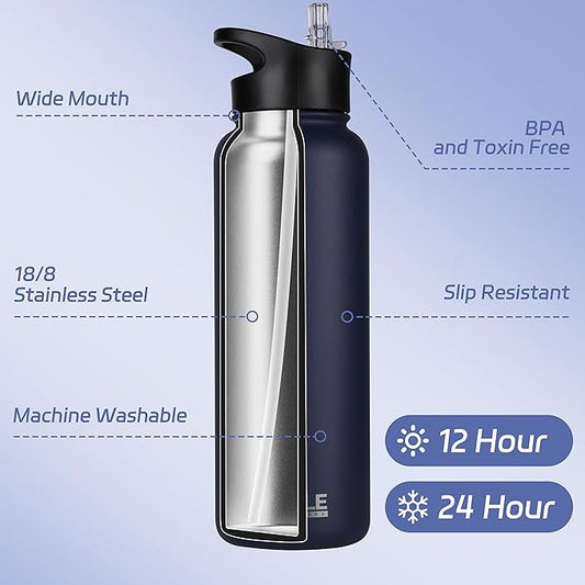 HASLE OUTFITTERS 40oz Stainless Steel Water Bottle, Vacuum Insulated Double Walled Leak Proof Sports Water Bottle with 2 Lids (Straw and Spout Lid) Thermo Mug Keep Cold and Hot(Navy,4)