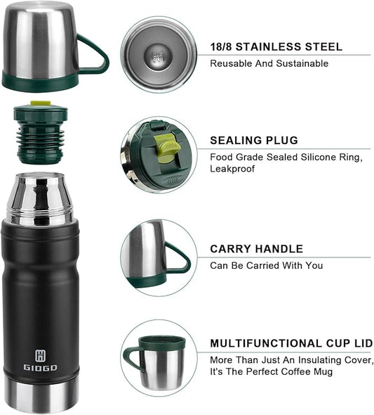 Vacuum Insulated Water Bottle Thermo Water Flask with Cup 680ml/23oz Stainless Steel Thermal Water Bottles Thermo for Hot and Cold Drinks Coffee Water(Black,Set)