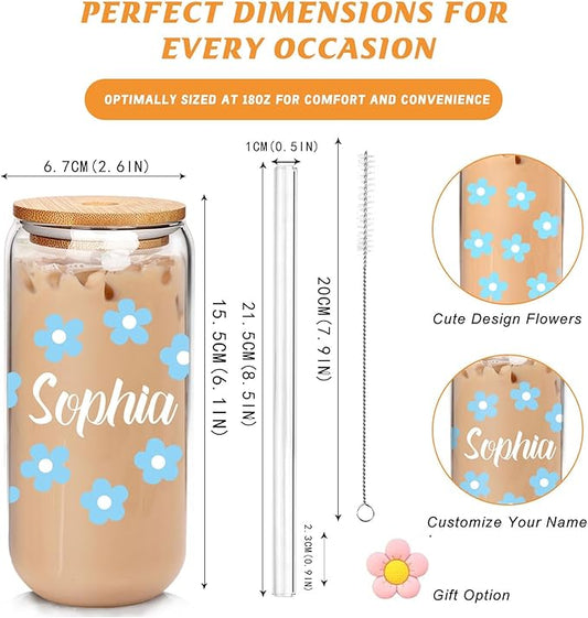 Personalized Glass Cup with Names-Custom Cup Can Shaped Glass with Lids and Straws18OZ Iced Coffee Cups-Gifts for Mothers Day Women Friend (Flower-name)