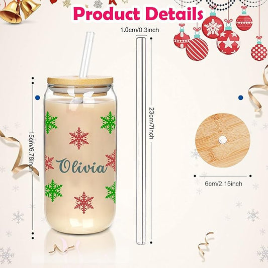 Personalised Christmas Cup, 18oz Clear Glass Cups with Lids and Straws,Cute Cups for Women,Snowflake Design, Reusable Drinking Cup with Bamboo Lids, Christmas Gifts for Men, Women and Friends